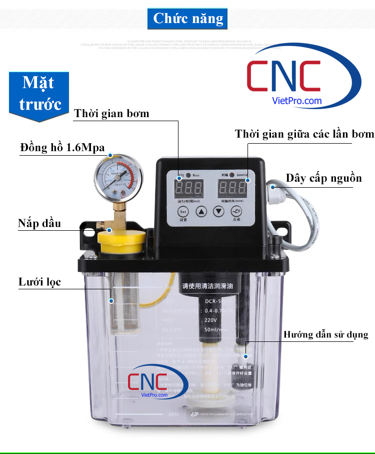 Bơm dầu bôi trơn tự động DCR-50 cho máy phay, máy tiện