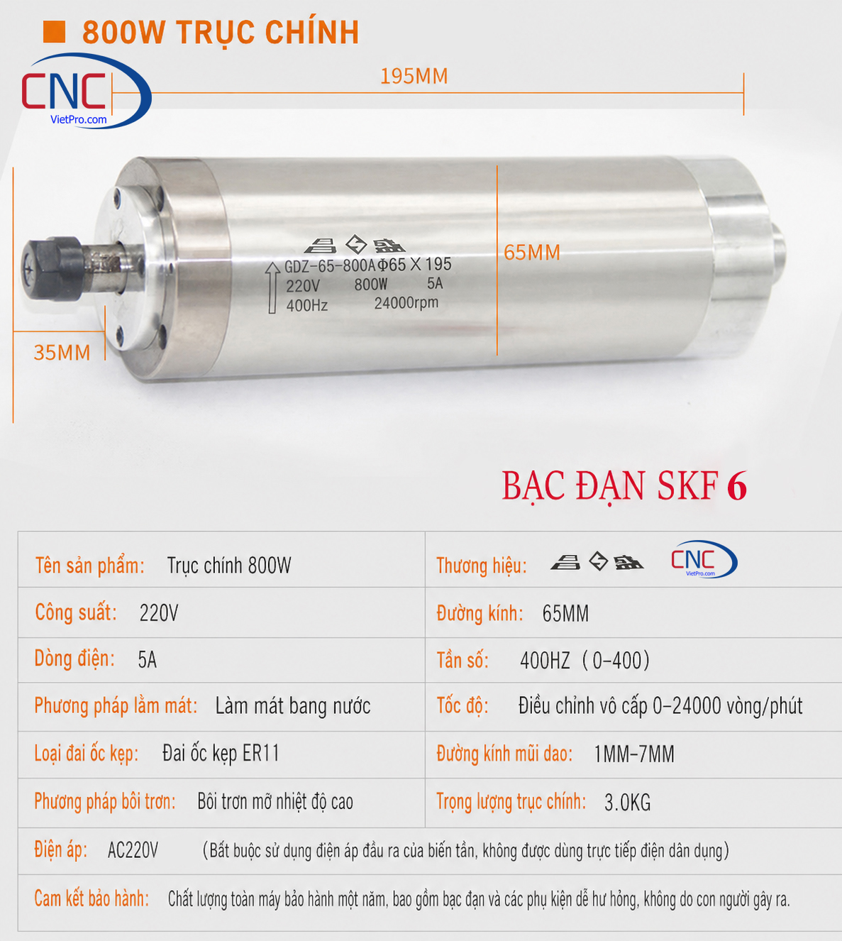 Củ Đục Spindle 800W Làm Mát Nước ER11 Ø65mm 220V 24.000rpm