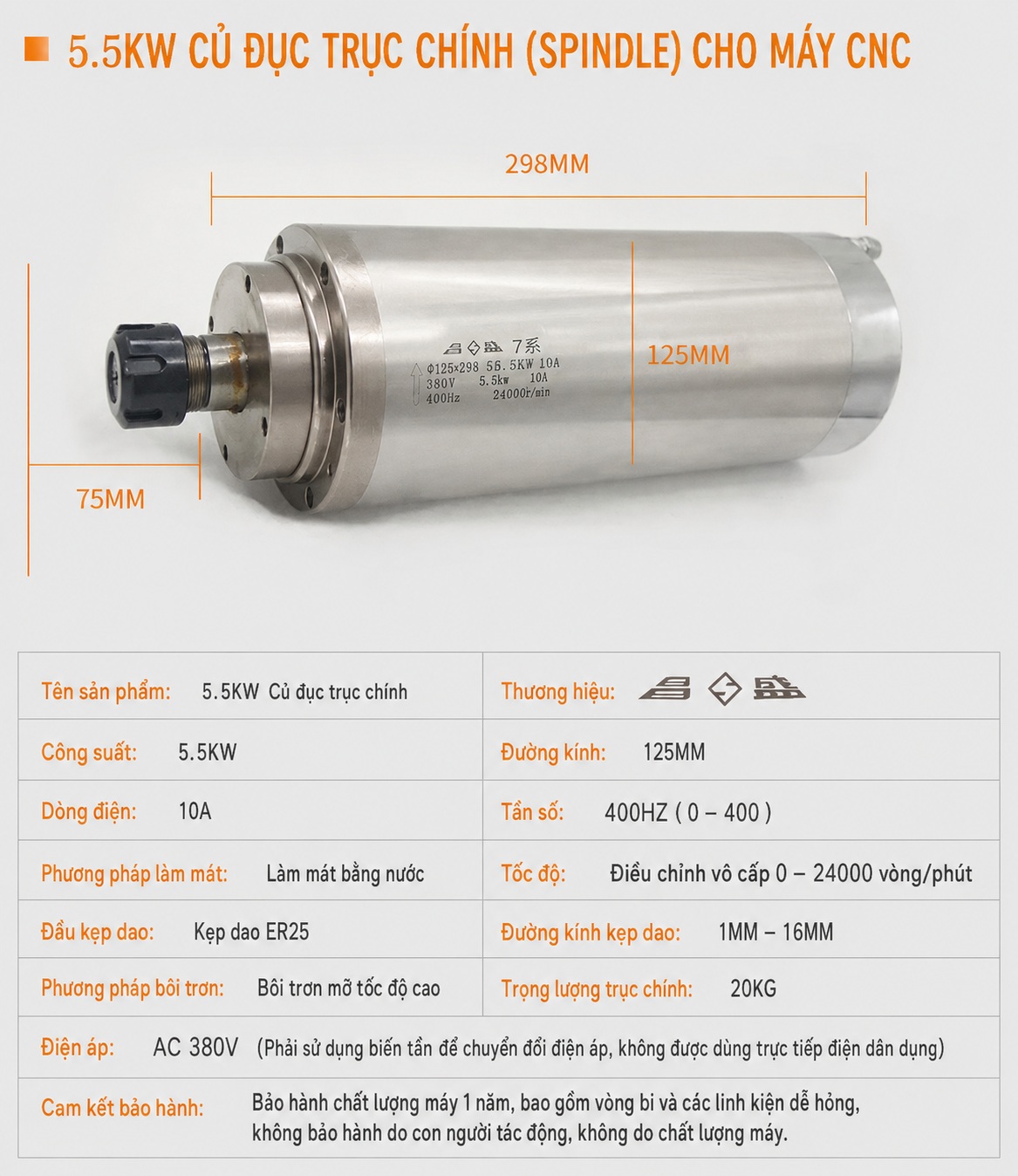 Củ Đục Spindle 5.5KW Giải Nhiệt Nước ER25 – 24.000 RPM