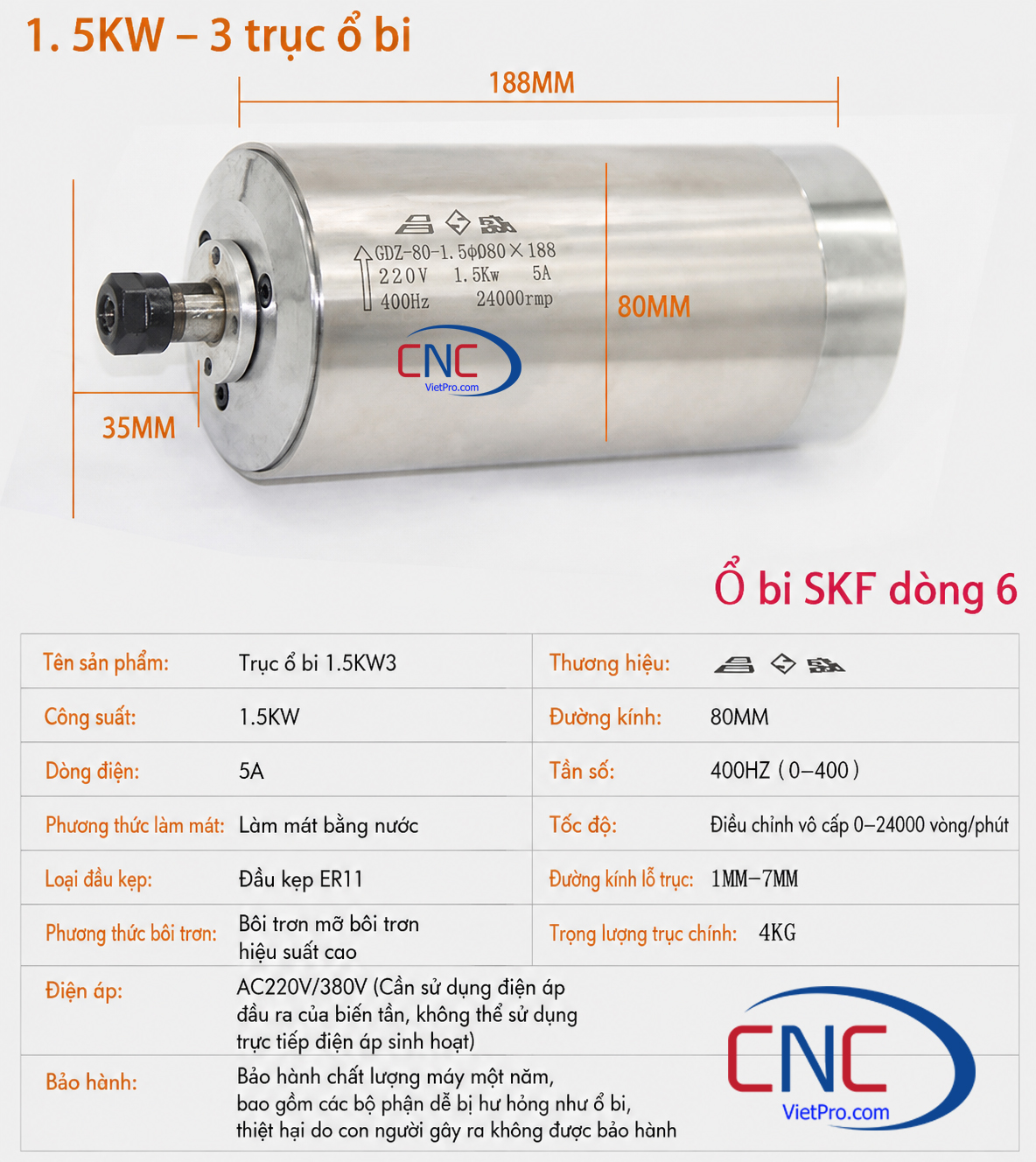 Củ Đục Spindle CNC 1.5KW ER11 Làm Mát Nước – 24.000 Vòng/Phút